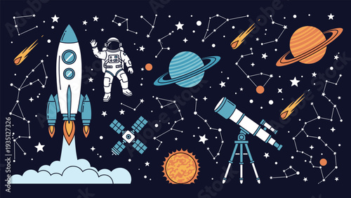 Action packed outer space scene includes a launching rocket, a waving astronaut, and various planets and stars.