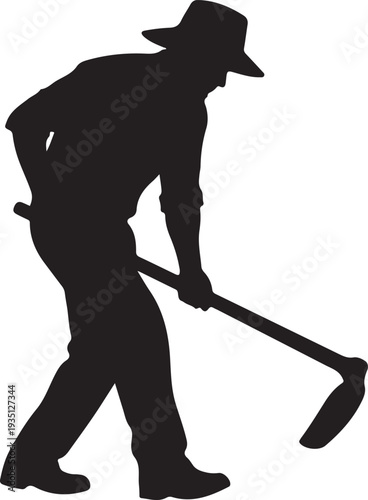 Black silhouette of a farmer working with hoe on a white background, minimal outline.