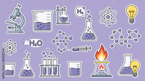 Educational chemistry lab stickers showing beakers, microscopes, and molecular structures are set against purple.