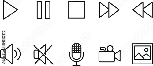 Simple black line icons for media player controls and multimedia functions on a white background.