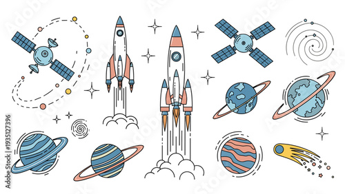 Comprehensive set of space exploration icons featuring rockets, satellites, planets, and galaxies in a clean style.