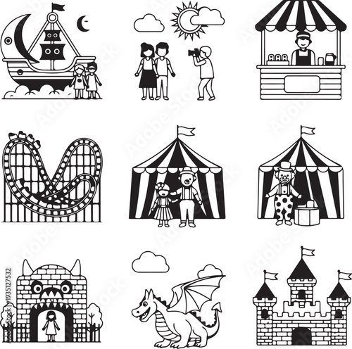 Amusement park pictogram icons set. Amusement parks for children and family. Roller coaster and adrenaline rides. Fun and entertainment outdoors.