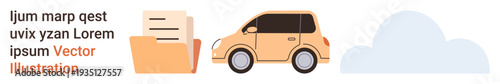 Data storage, cloud technology, digital file management, logistics, transportation, digital organization. A folder, car and cloud symbol in a minimalist design. Data storage and cloud technology