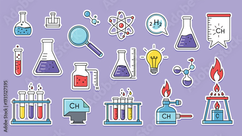 Colorful science and chemistry themed stickers featuring lab equipment and molecular symbols on a purple background.