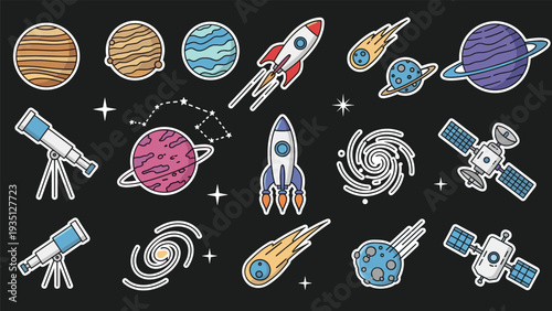 Assorted space themed stickers featuring colorful planets, rockets, and satellites are shown on a dark background.