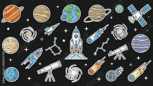 Diverse collection of outer space stickers featuring planets, rockets, telescopes, and constellations on black.