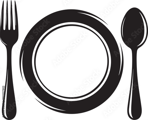 Abstract logo of a cafe or restaurant. A spoon and fork on a plate. A simple outline.