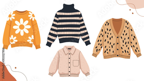 Collection of cozy knitted sweaters including a daisy pattern and a striped turtleneck is shown in a flat style.