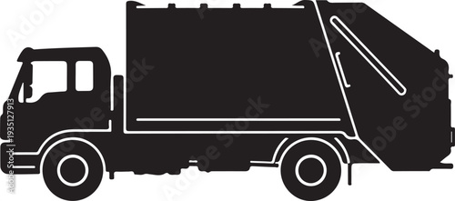 Black silhouette of a garbage truck in side view on a white background, minimal outline