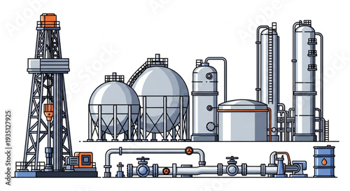 Oil Refinery Industrial Complex with Drilling Rig and Storage Tanks.