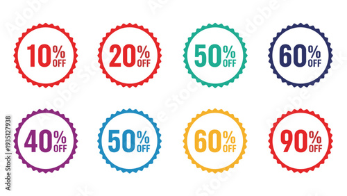 Set of colorful scalloped edge discount stickers ranging from ten to ninety percent off for retail sales.