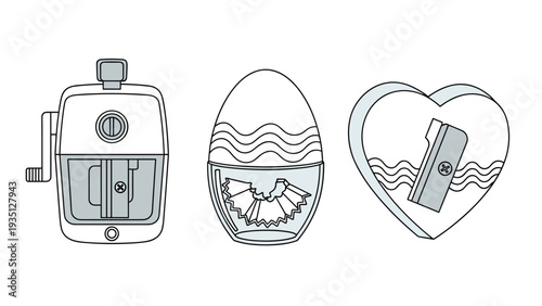 Different types of pencil sharpeners including a manual crank model and a heart shaped one are illustrated.