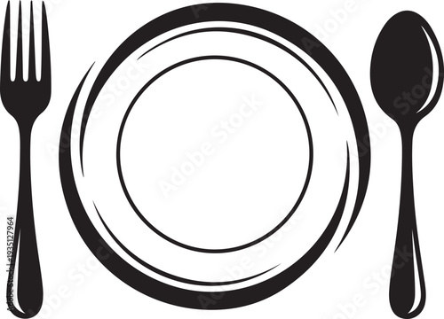 Abstract logo of a cafe or restaurant. A spoon and fork on a plate. A simple outline.