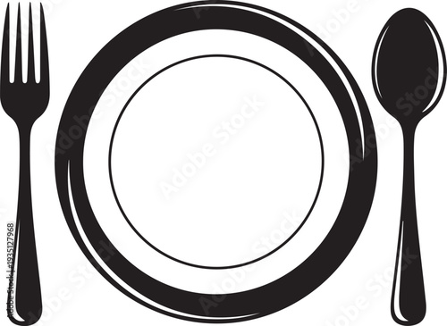 Abstract logo of a cafe or restaurant. A spoon and fork on a plate. A simple outline.