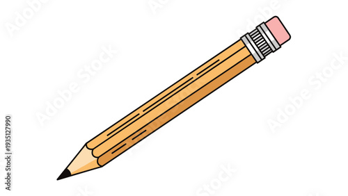 Classic yellow pencil with a pink eraser and a sharpened tip is shown in a detailed cartoon illustration.