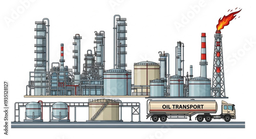 Oil Refinery Industrial Complex with Tanker Truck.