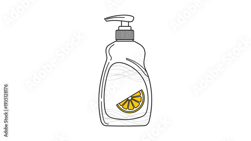 Liquid soap dispenser bottle with a pump head and an orange slice illustration on the label is shown.