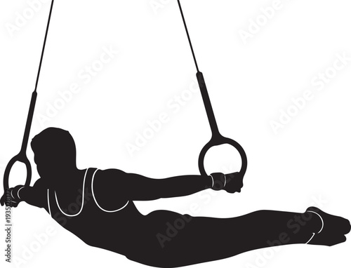 Black silhouette of a gymnast performing on rings on a white background, minimal outline