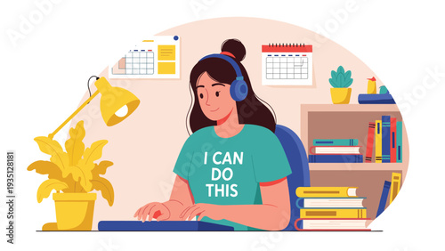 Young woman wearing headphones and sitting at a desk while working on a computer in a cozy home office environment.