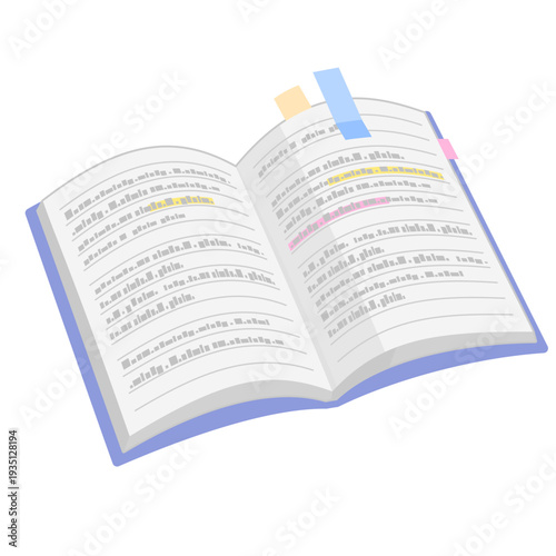 斜めから見た、付箋が貼られた開いたノートのイラスト　シンプルなノートのイラスト 文字あり カラー 線なし