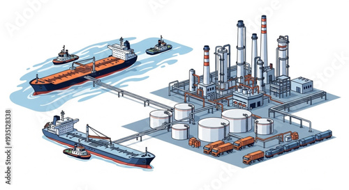 Oil Refinery Industrial Complex with Tankers.
