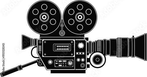 Vintage film camera silhouette illustration, classic cinema equipment artwork design, movie production symbol graphic, dual reel drawing, traditional filmmaking artwork, black white