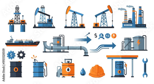 Oil Refinery Industrial Equipment Icons Set.