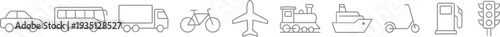 Set of minimal transportation line icons including car bus truck bicycle and airplane.