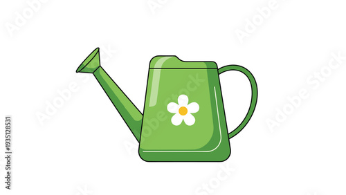 Green plastic watering can decorated with a white daisy flower icon for gardening and plant care activities in the spring.