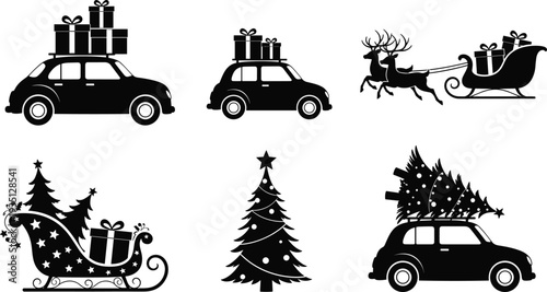 Christmas car with gifts and Santa sleigh silhouette set, festive holiday transport icons isolated on white background for winter celebration design