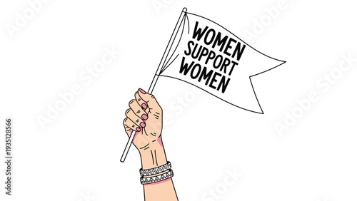 Hand holding a white flag with the handwritten text women support women promoting solidarity and gender equality between females.