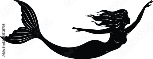 Black silhouette of a graceful mermaid swimming underwater isolated on white background for mystical ocean fantasy and marine life design