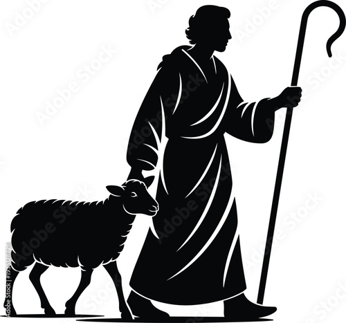 Black Silhouette of a Shepherd in Long Robes Walking with a Small Sheep Holding a Wooden Staff on White Background