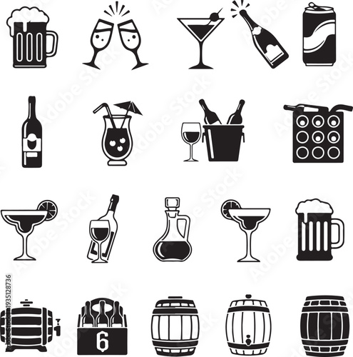 Alcoholic drinks icons vector set. Alcohol illustration symbol collection. Glass, bottle, barrel sign or logo.