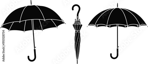 Black silhouette of classic open and closed umbrellas set isolated on white background for rain protection weather and fashion design