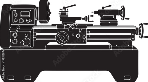 Black silhouette of a lathe machine industrial equipment on a white background, minimal outline