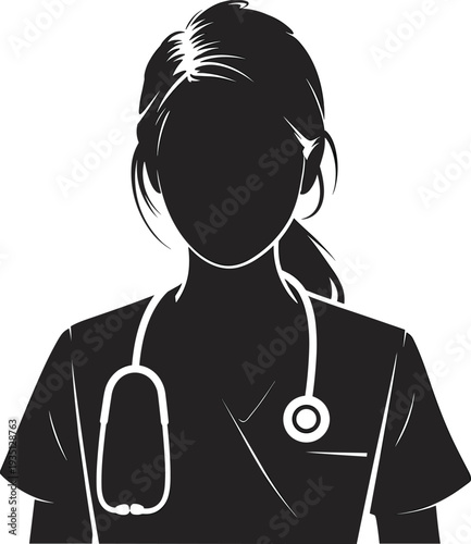 Black silhouette of female nurse or doctor wearing medical scrubs and stethoscope for healthcare worker avatar icon or clinic branding