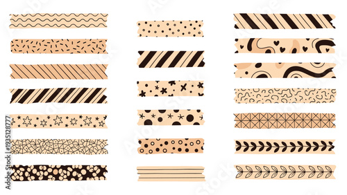 Large collection of washi tape strips with various patterns like dots stripes stars and florals in neutral and dark tones.