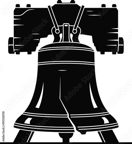 Black Silhouette of the Iconic Liberty Bell with Visible Crack and Wooden Yoke Symbolizing American Independence and Freedom for Vector Design