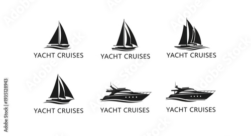 Collection of yacht cruise logos featuring sailboats and motorboats for travel and leisure.