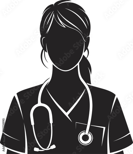 Female doctor or nurse silhouette wearing scrubs and stethoscope professional healthcare worker avatar icon for medical clinic and hospital services