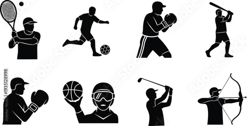 Collection of sport icons silhouette illustrations of athletes playing tennis soccer boxing baseball basketball golf and archery isolated on white