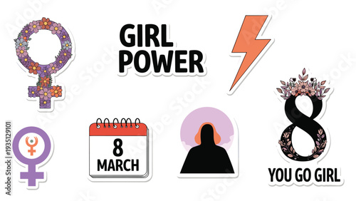 Set of feminist stickers including girl power text venus symbols march eighth calendar and silhouettes for international women's day celebration.