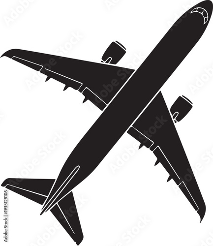 Airplane icon, black isolated on white background, vector illustration.