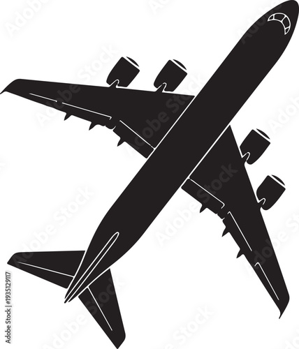 Airplane icon, black isolated on white background, vector illustration.