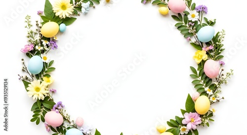 Easter monday wreath with colorful eggs and flowers decoration