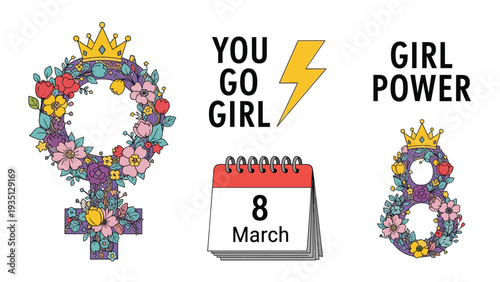 Collection of colorful feminist elements including floral venus symbols girl power quotes and calendar for international women's day celebration.