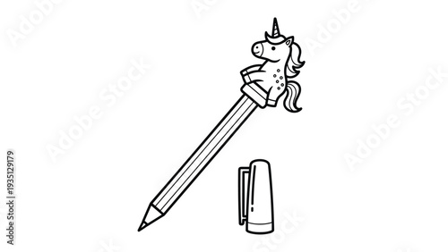 Simple line art drawing of a pen with a cute unicorn topper and its cap placed next to it for coloring book illustration.