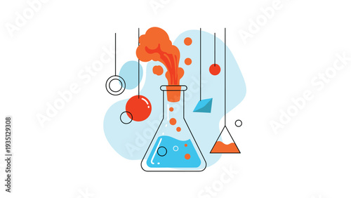 Chemistry flask with blue liquid emitting a burst of orange smoke and abstract shapes for science and laboratory concepts.