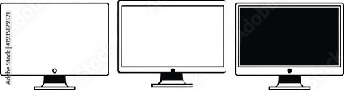 Three computer monitors with different screen states